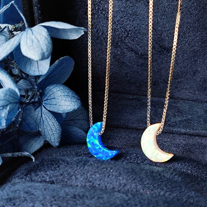 Opal moon Necklace Fire Opal Crescent Moon Charm Pendant Sterling Silver Box Necklace 43+5cm /17+2 inches extension 0.8mm Width Box Chain