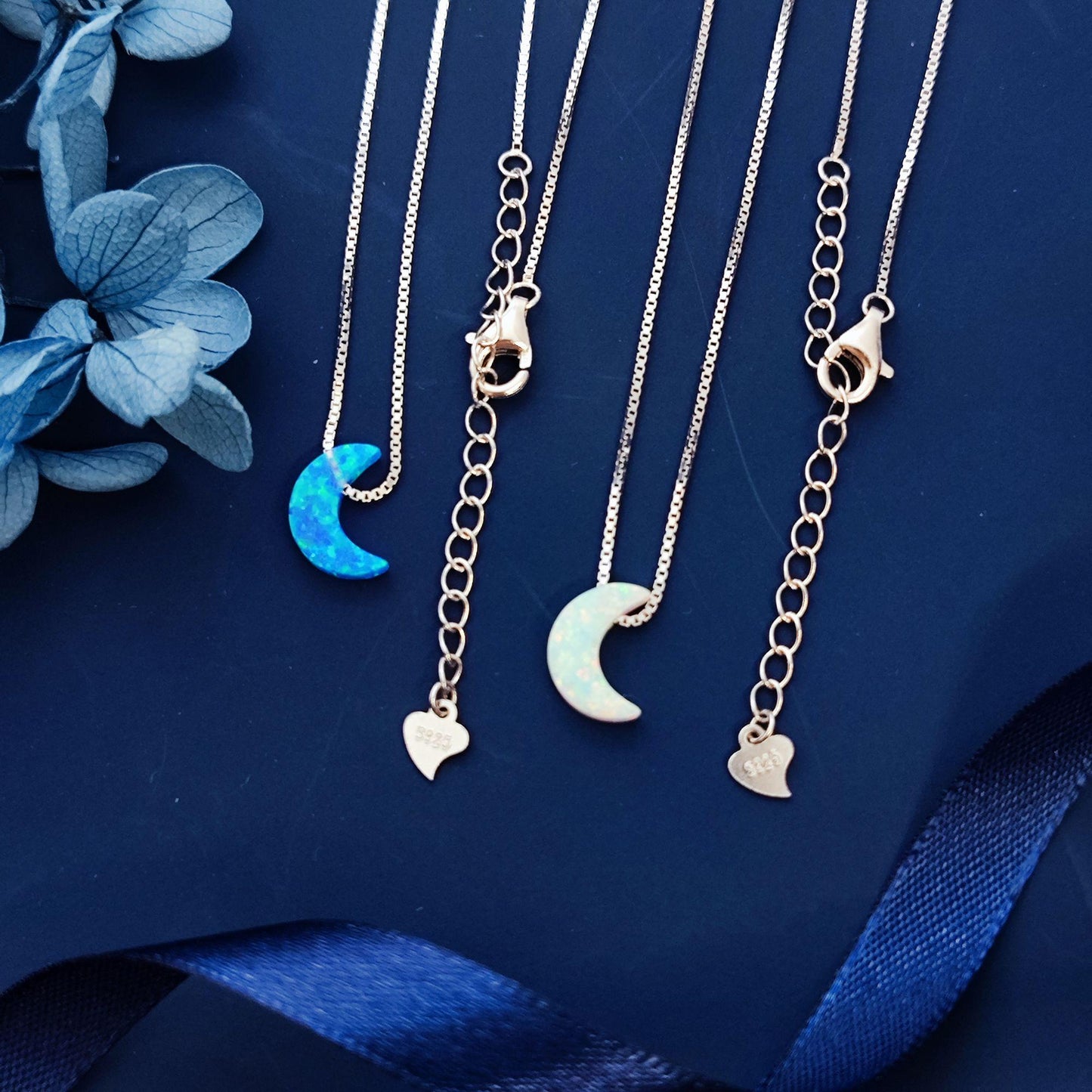Opal moon Necklace Fire Opal Crescent Moon Charm Pendant Sterling Silver Box Necklace 43+5cm /17+2 inches extension 0.8mm Width Box Chain