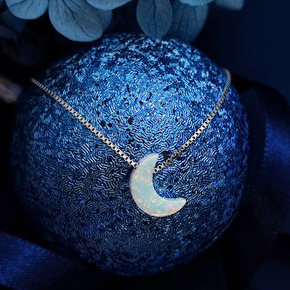 Opal moon Necklace Fire Opal Crescent Moon Charm Pendant Sterling Silver Box Necklace 43+5cm /17+2 inches extension 0.8mm Width Box Chain