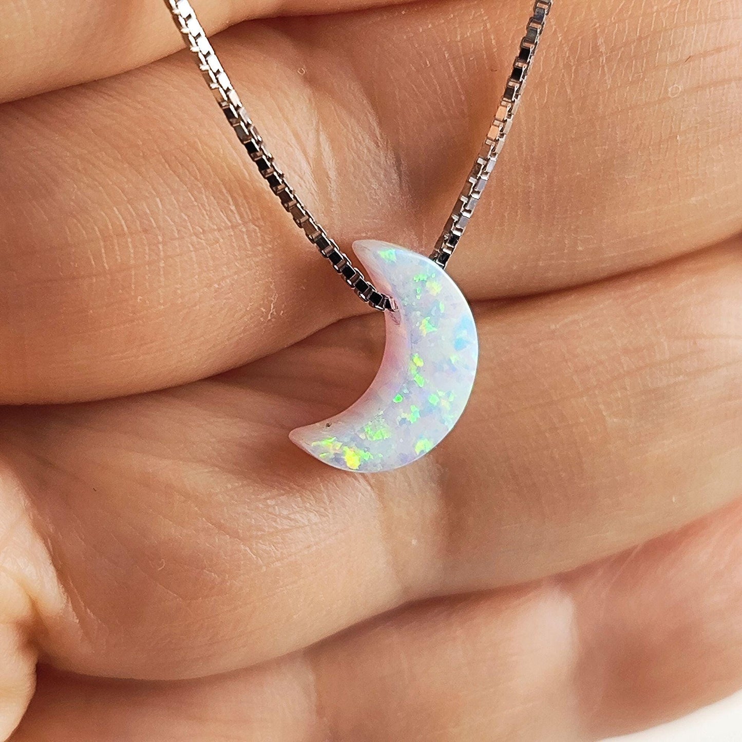 Opal moon Necklace Fire Opal Crescent Moon Charm Pendant Sterling Silver Box Necklace 43+5cm /17+2 inches extension 0.8mm Width Box Chain