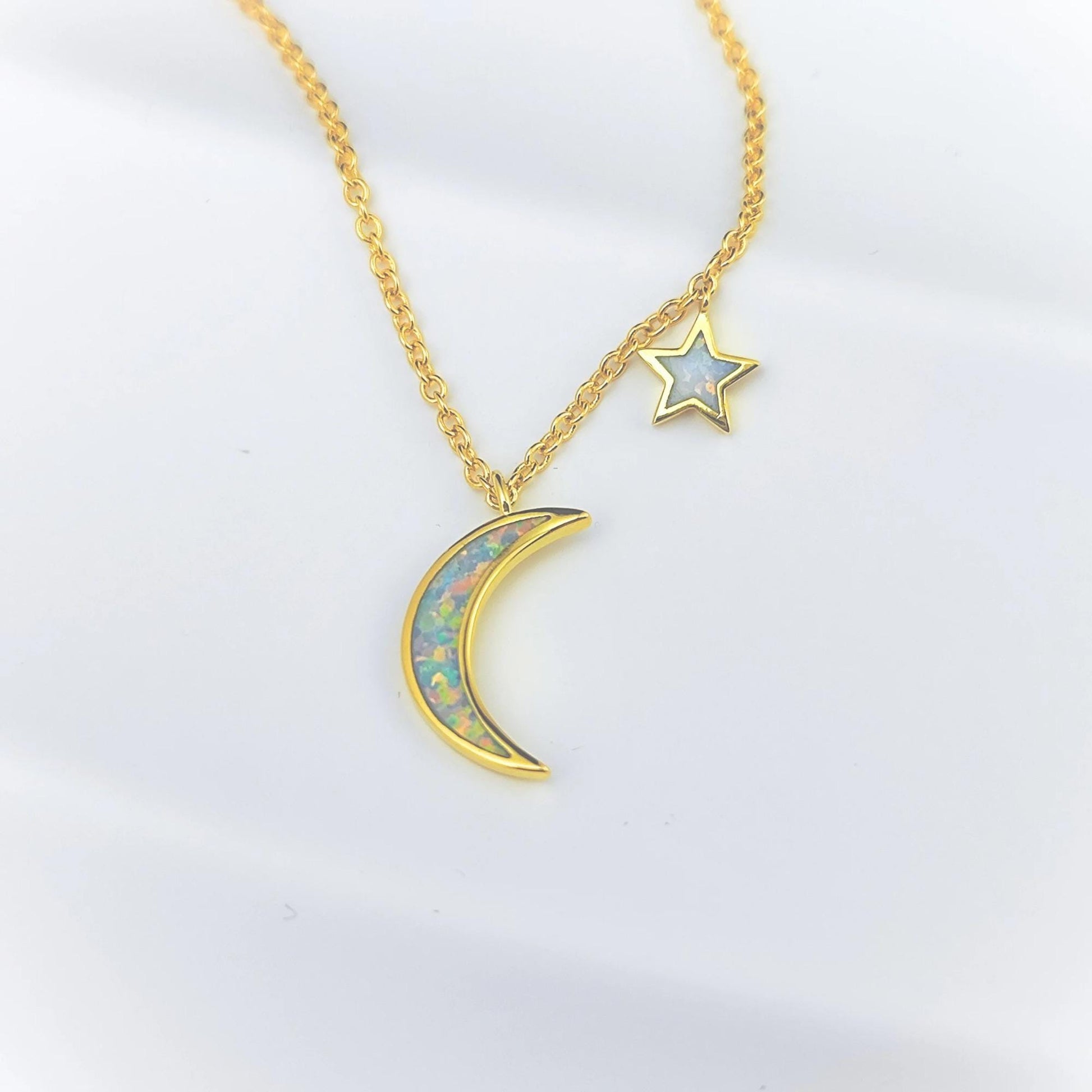 Blue Opal Moon and Star Pendant Gold Cable Chain Necklace Crescent Moon and Tiny Star Charm Space Celestial Moon and Star Necklace
