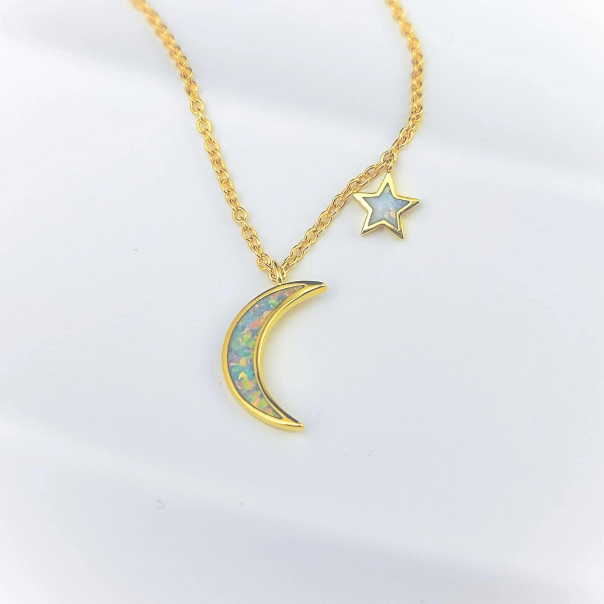 Blue Opal Moon and Star Pendant Gold Cable Chain Necklace Crescent Moon and Tiny Star Charm Space Celestial Moon and Star Necklace