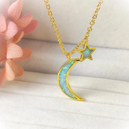 Blue Opal Moon and Star Pendant Gold Cable Chain Necklace Crescent Moon and Tiny Star Charm Space Celestial Moon and Star Necklace