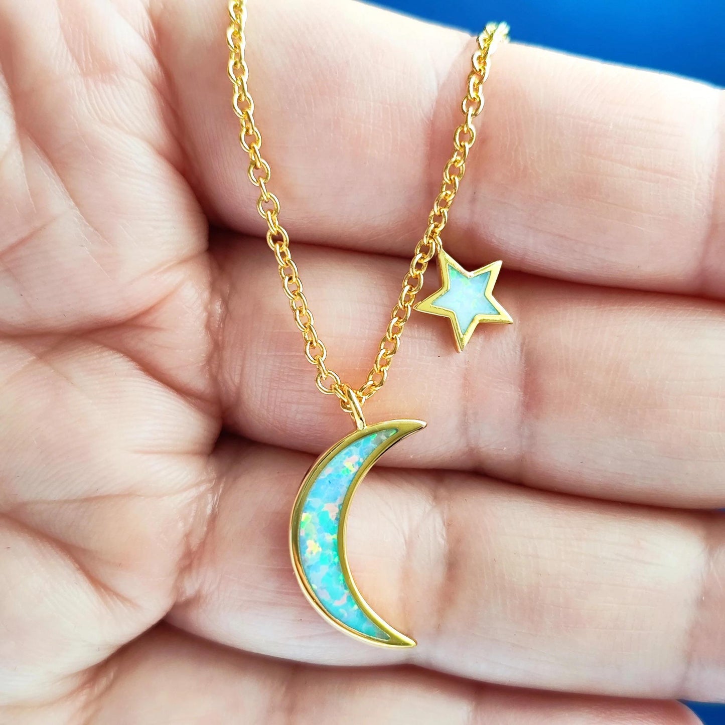 Blue Opal Moon and Star Pendant Gold Cable Chain Necklace Crescent Moon and Tiny Star Charm Space Celestial Moon and Star Necklace