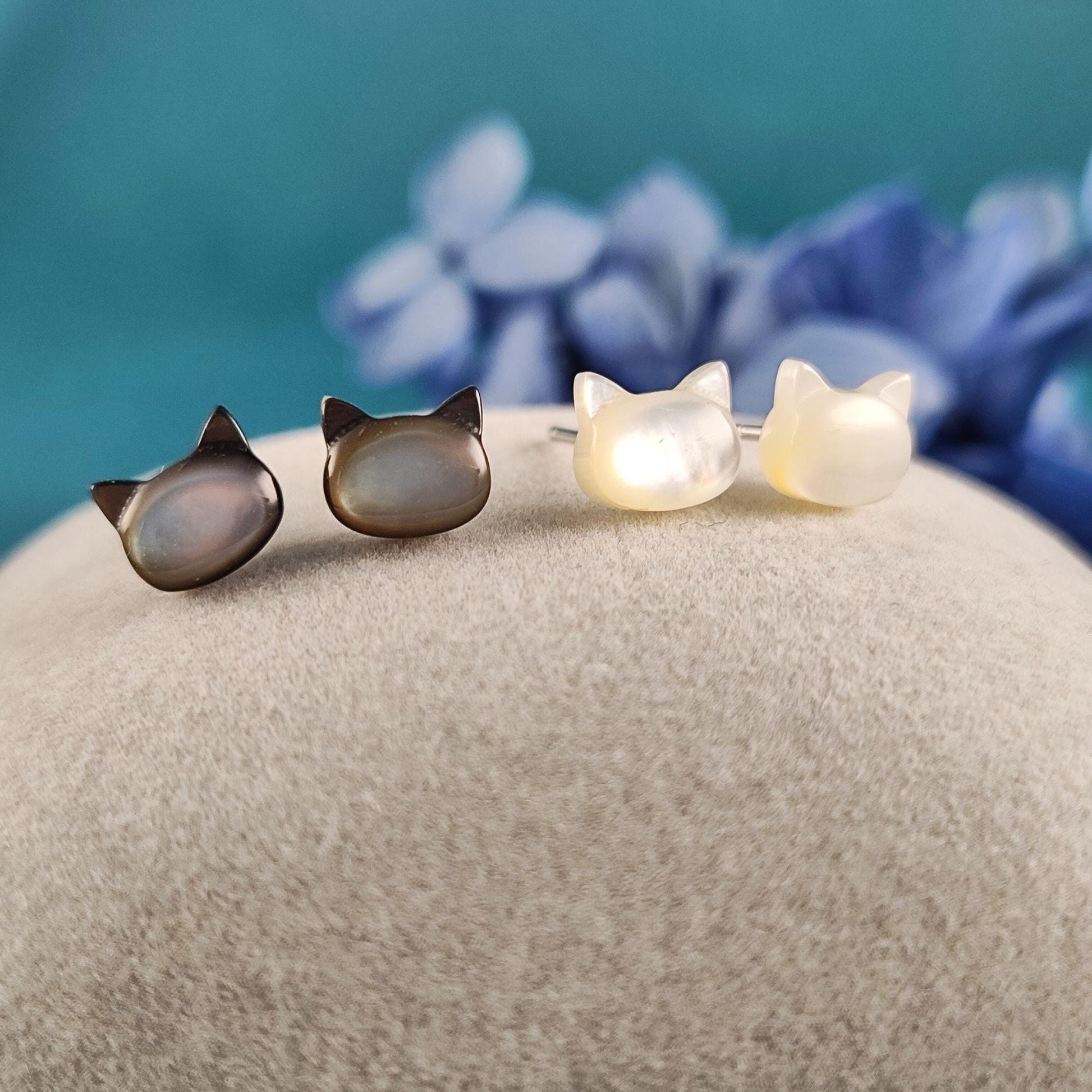 Hand carved White and Black Cat Mother of Pearl Stud Earrings Animal Sterling Silver Post Stud Earrings, Natural Mother of Pearl Earrings