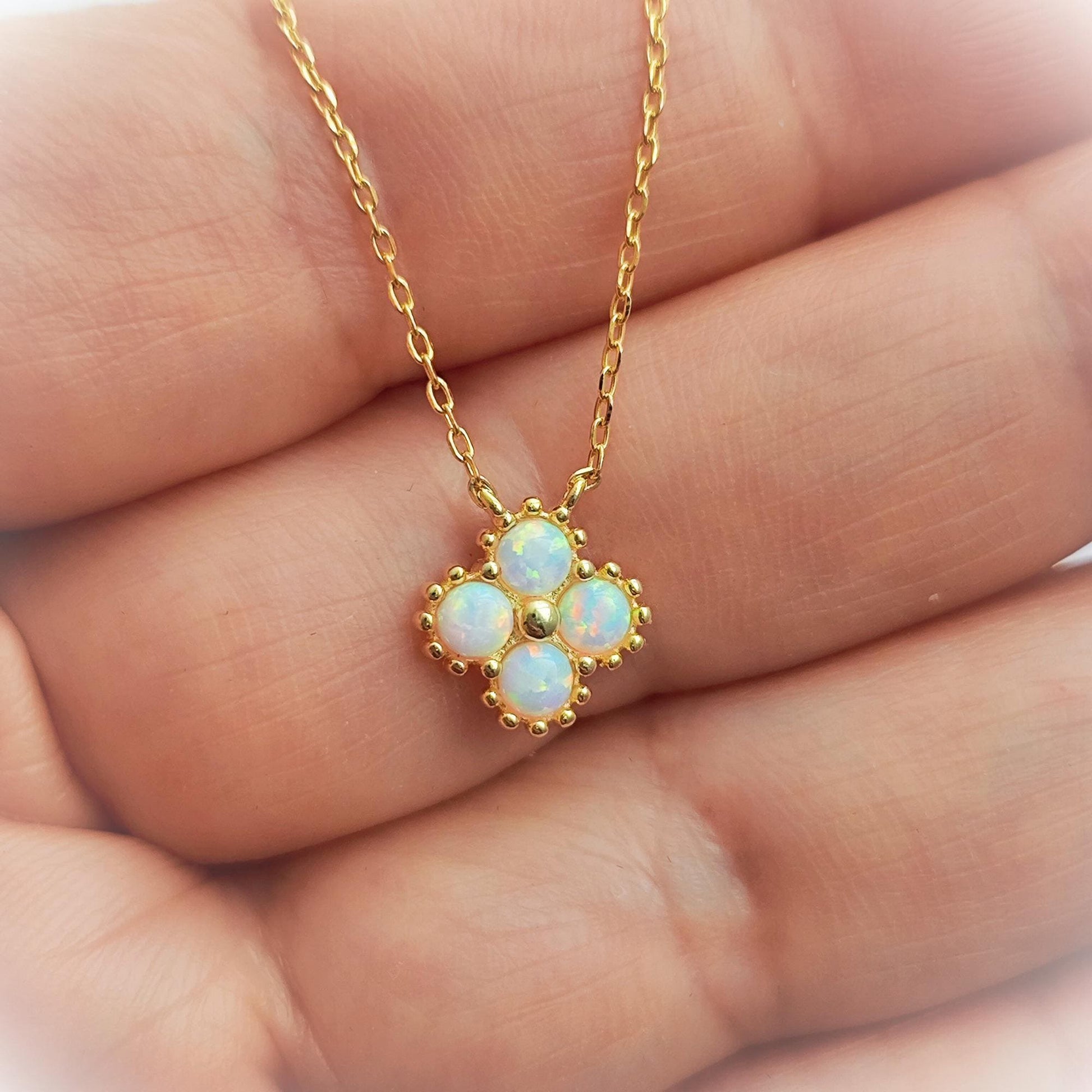 Tiny Four Leaf Clover Opal Pendant Necklace White Opal Flower Necklace Fire Opal 4 Leaf Clover Pendant Necklace Gift for Her Minimalist