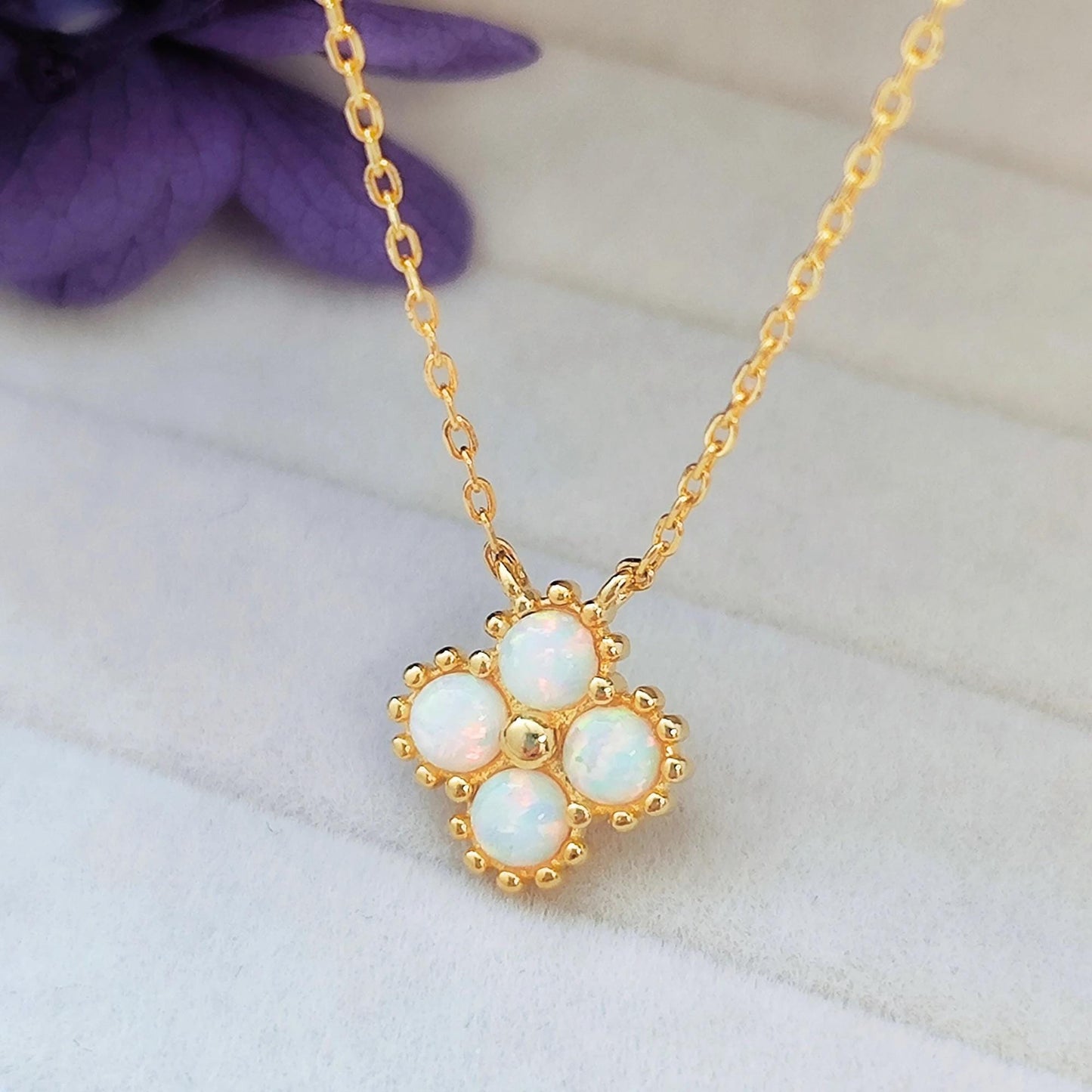 Tiny Four Leaf Clover Opal Pendant Necklace White Opal Flower Necklace Fire Opal 4 Leaf Clover Pendant Necklace Gift for Her Minimalist