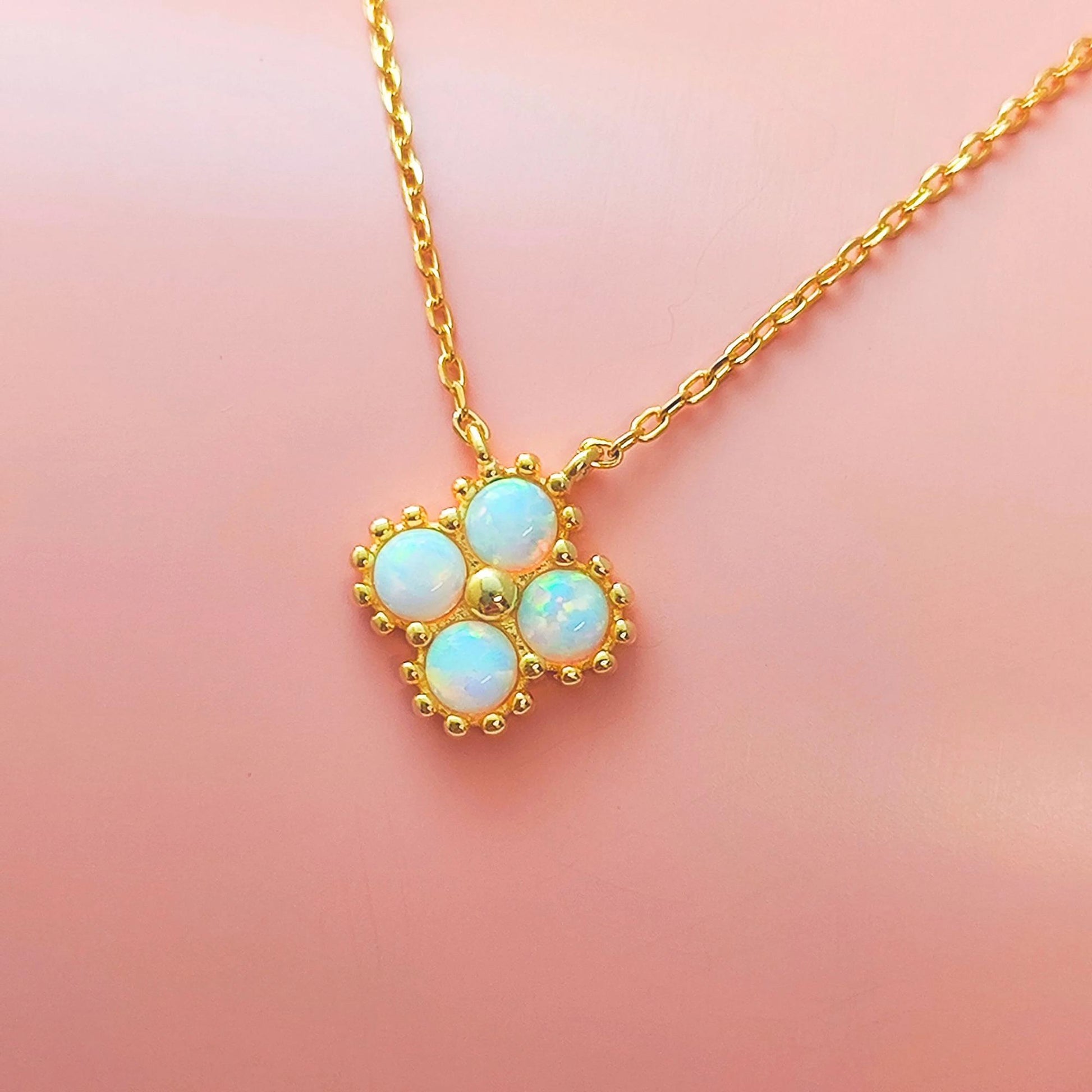 Tiny Four Leaf Clover Opal Pendant Necklace White Opal Flower Necklace Fire Opal 4 Leaf Clover Pendant Necklace Gift for Her Minimalist
