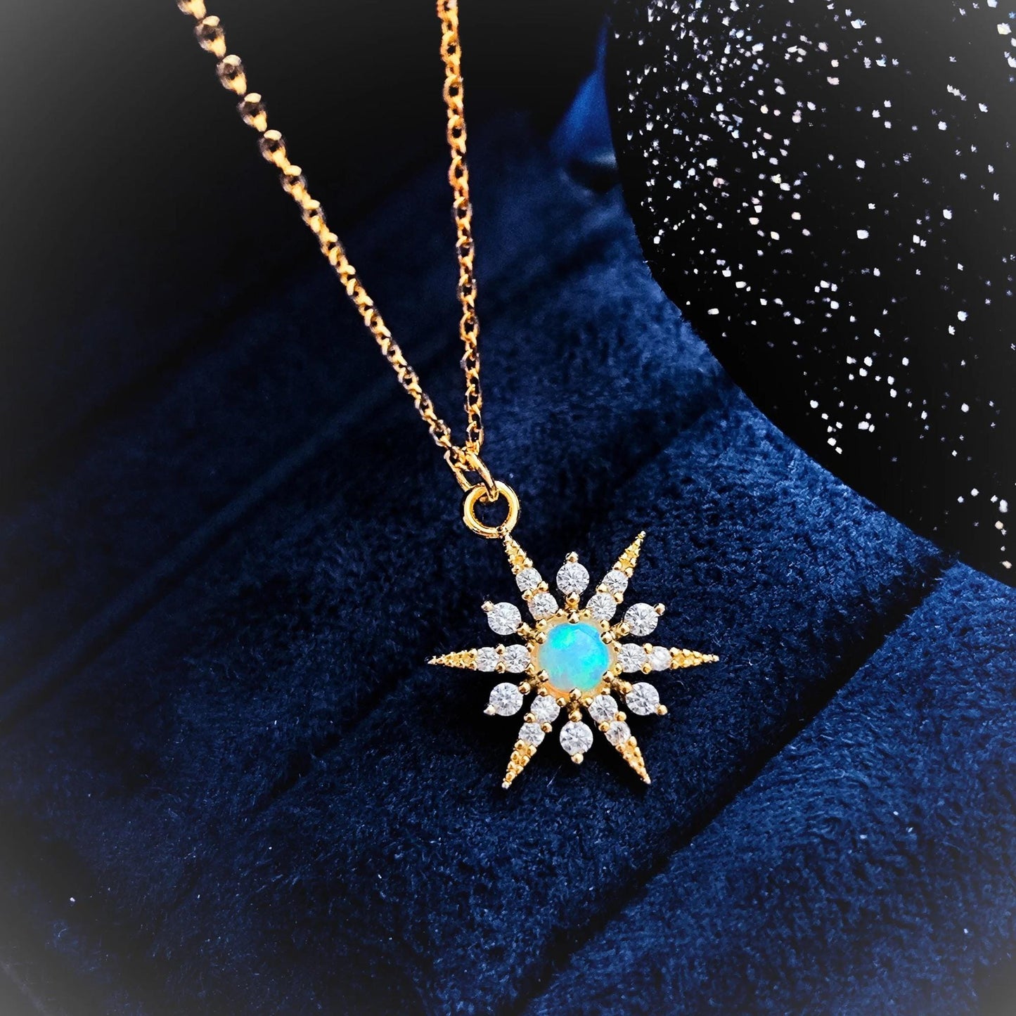 White Opal Starburst Pendant Necklace Snow Flake Opal Necklace Celestial Minimalist Necklace Crystal Star Necklace Birthstone Opal Necklace
