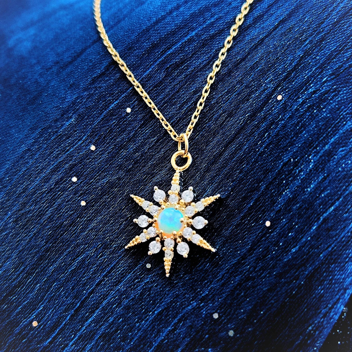 White Opal Starburst Pendant Necklace Snow Flake Opal Necklace Celestial Minimalist Necklace Crystal Star Necklace Birthstone Opal Necklace