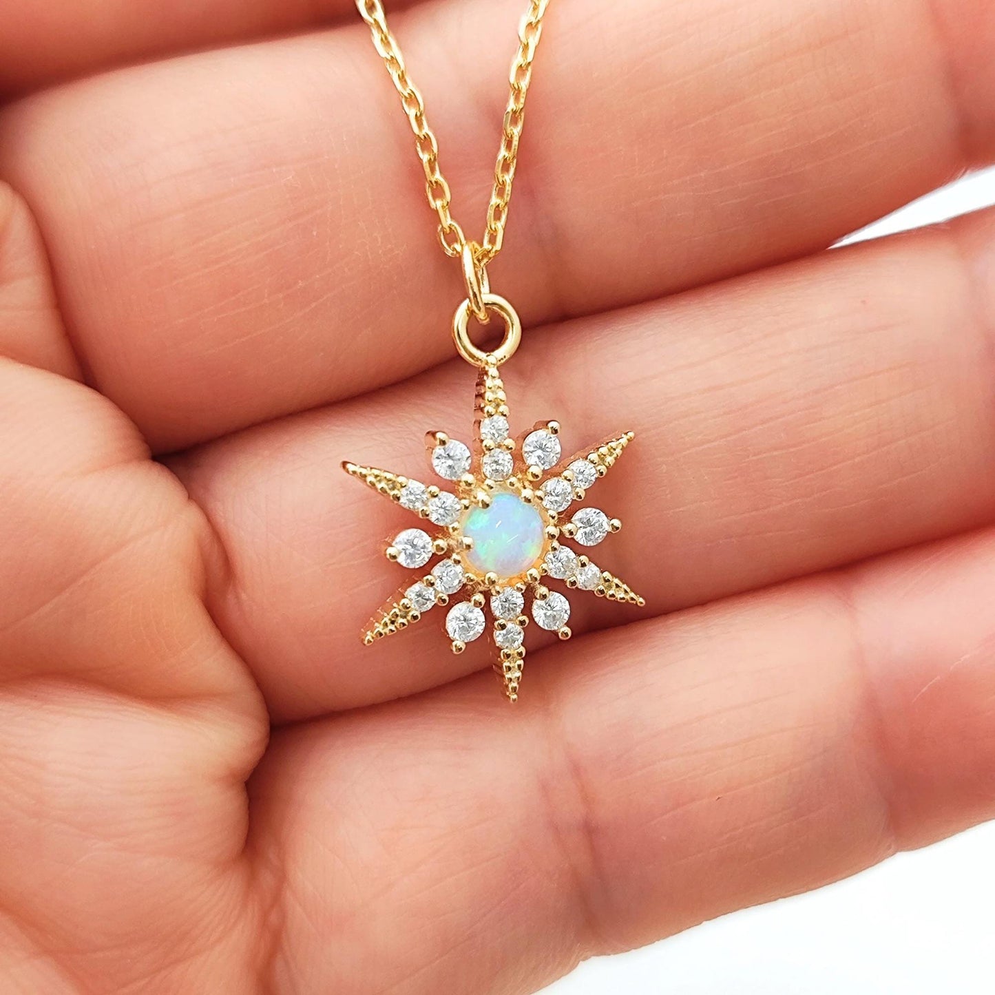 White Opal Starburst Pendant Necklace Snow Flake Opal Necklace Celestial Minimalist Necklace Crystal Star Necklace Birthstone Opal Necklace