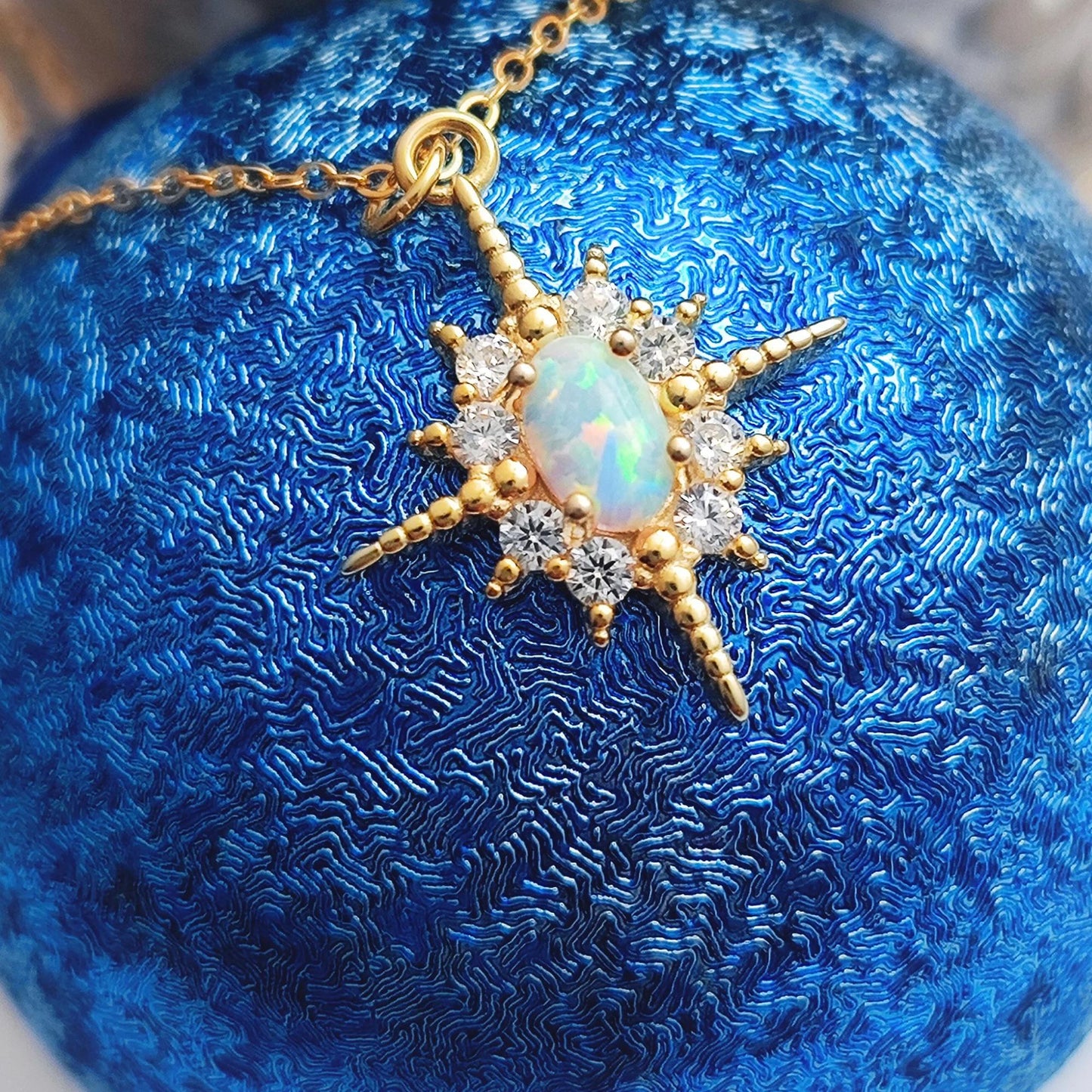 Fire Opal Starburst Sterling Silver Necklace, White Star Bling Bling Crystal Pendant Necklace Celestial Starburst Necklace Birthstone