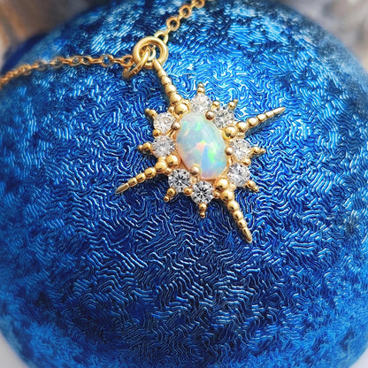 Fire Opal Starburst Sterling Silver Necklace, White Star Bling Bling Crystal Pendant Necklace Celestial Starburst Necklace Birthstone