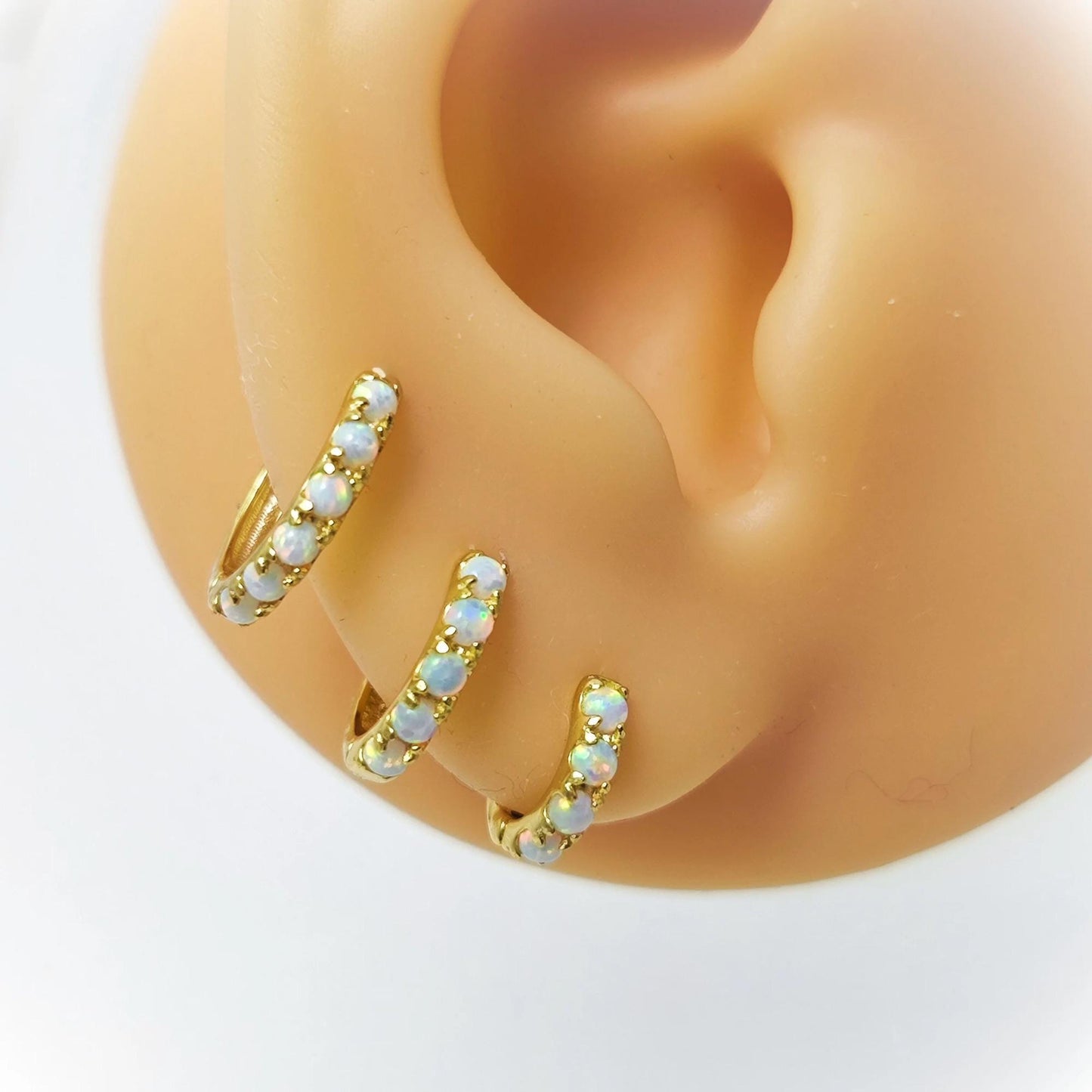 White Fire Opal Huggie Hoop Earrings, White Opal Sterling Silver Earrings, Opal Stone Hoop Earrings Option 6mm, 8mm, 10mm