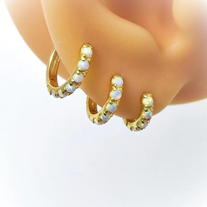 White Fire Opal Huggie Hoop Earrings, White Opal Sterling Silver Earrings, Opal Stone Hoop Earrings Option 6mm, 8mm, 10mm