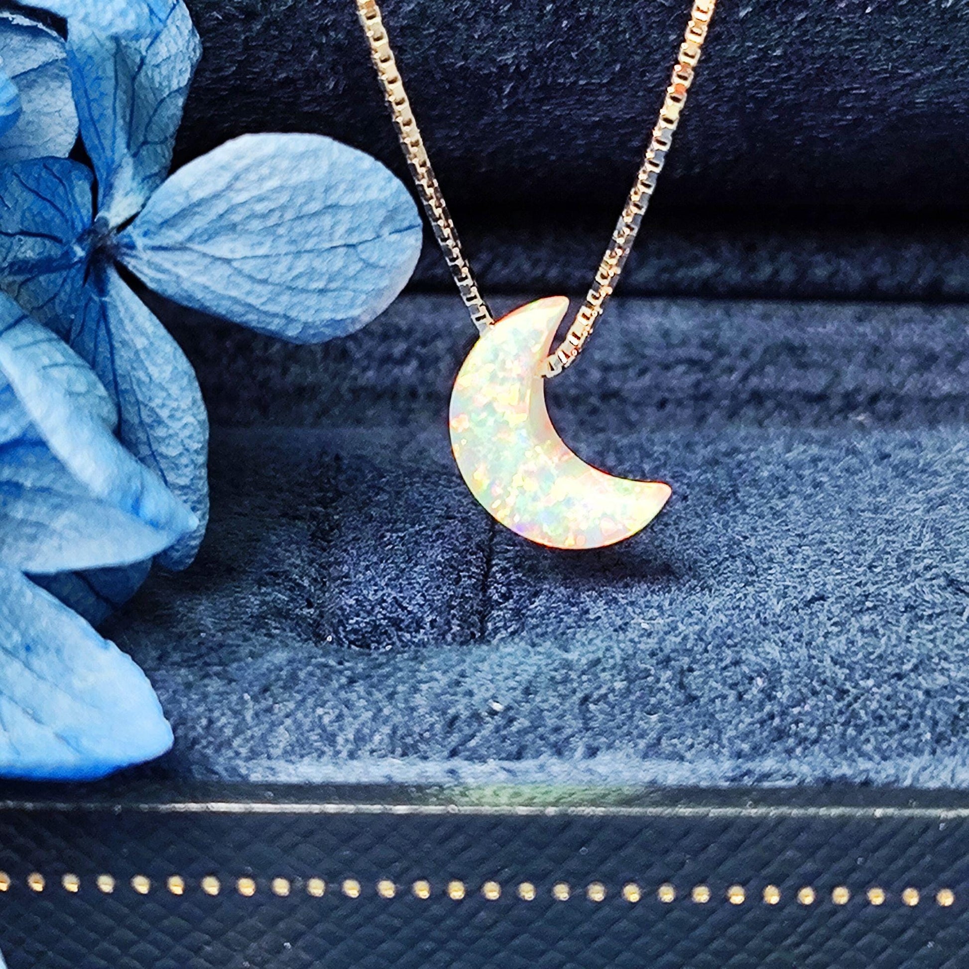 Opal moon Necklace Fire Opal Crescent Moon Charm Pendant Sterling Silver Box Necklace 43+5cm /17+2 inches extension 0.8mm Width Box Chain