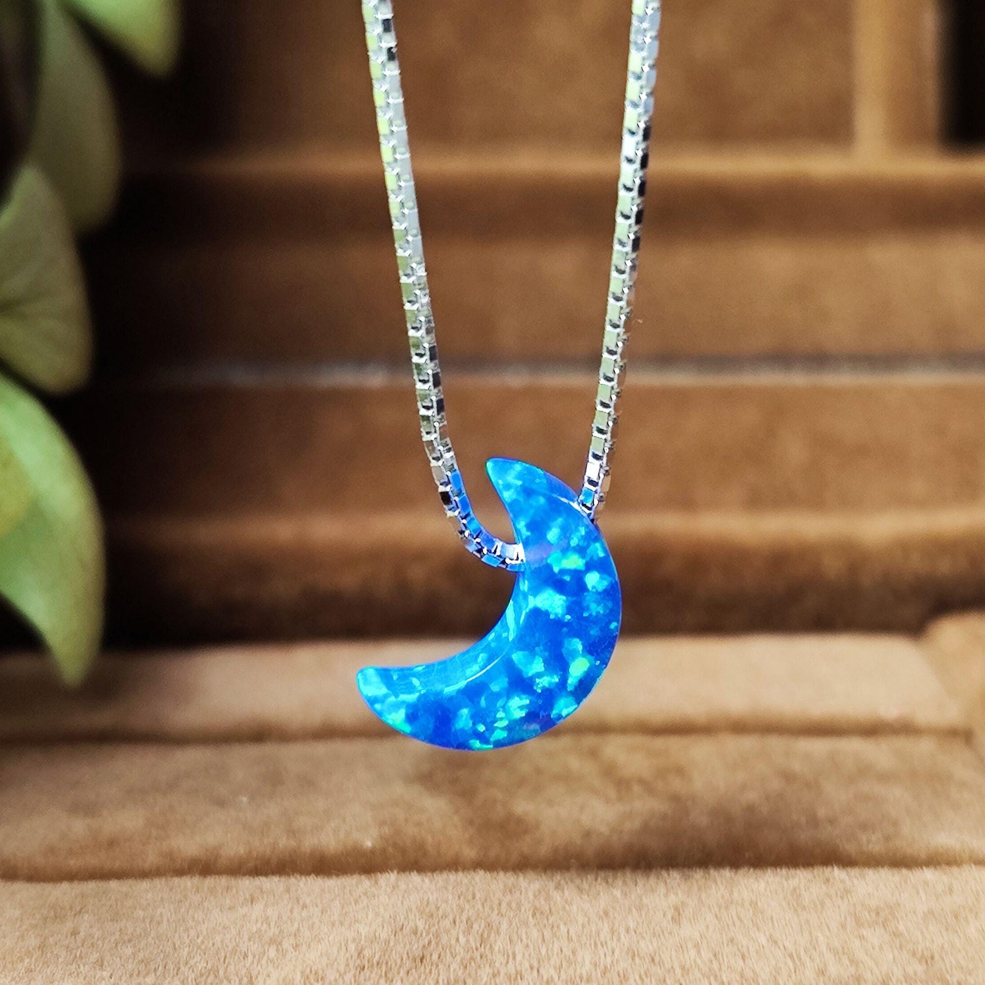 Opal moon Necklace Fire Opal Crescent Moon Charm Pendant Sterling Silver Box Necklace 43+5cm /17+2 inches extension 0.8mm Width Box Chain