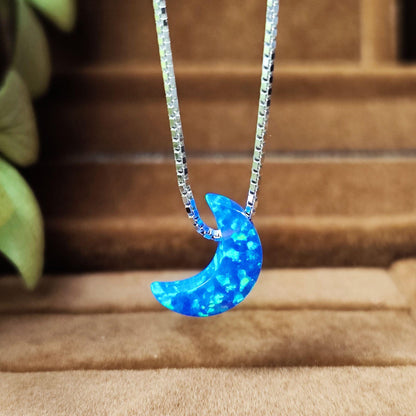 Opal moon Necklace Fire Opal Crescent Moon Charm Pendant Sterling Silver Box Necklace 43+5cm /17+2 inches extension 0.8mm Width Box Chain