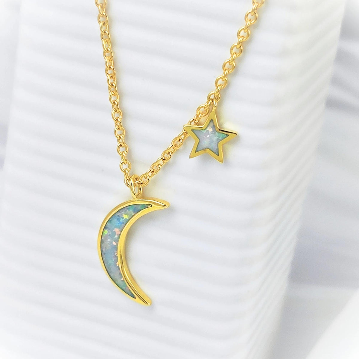 Blue Opal Moon and Star Pendant Gold Cable Chain Necklace Crescent Moon and Tiny Star Charm Space Celestial Moon and Star Necklace