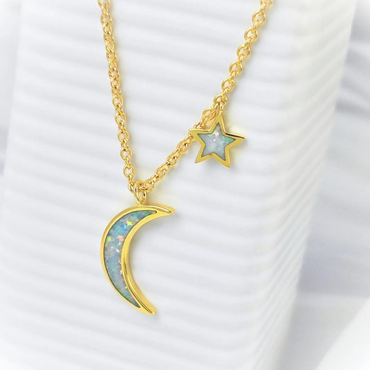 Blue Opal Moon and Star Pendant Gold Cable Chain Necklace Crescent Moon and Tiny Star Charm Space Celestial Moon and Star Necklace