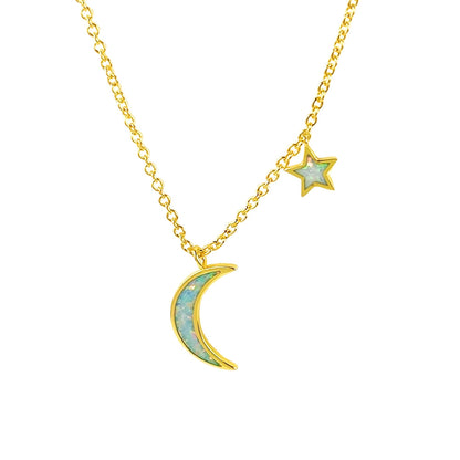 Blue Opal Moon and Star Pendant Gold Cable Chain Necklace Crescent Moon and Tiny Star Charm Space Celestial Moon and Star Necklace