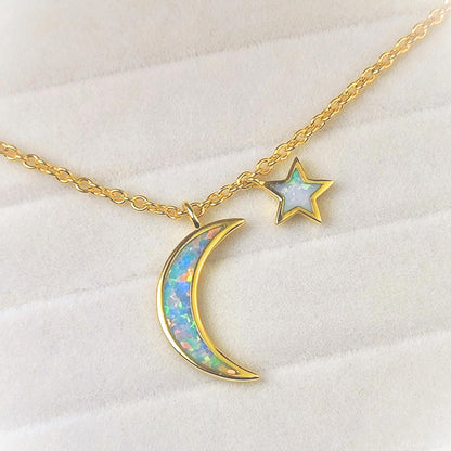 Blue Opal Moon and Star Pendant Gold Cable Chain Necklace Crescent Moon and Tiny Star Charm Space Celestial Moon and Star Necklace