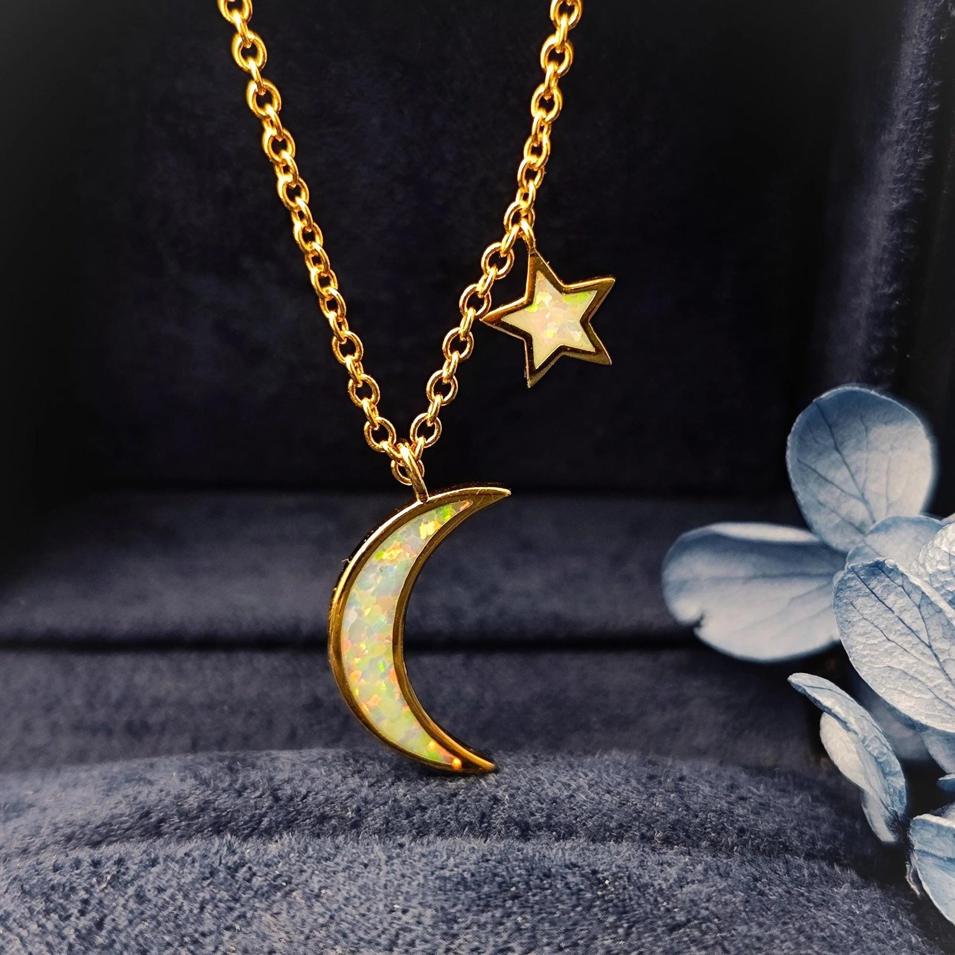 Blue Opal Moon and Star Pendant Gold Cable Chain Necklace Crescent Moon and Tiny Star Charm Space Celestial Moon and Star Necklace