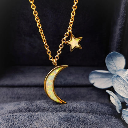 Blue Opal Moon and Star Pendant Gold Cable Chain Necklace Crescent Moon and Tiny Star Charm Space Celestial Moon and Star Necklace