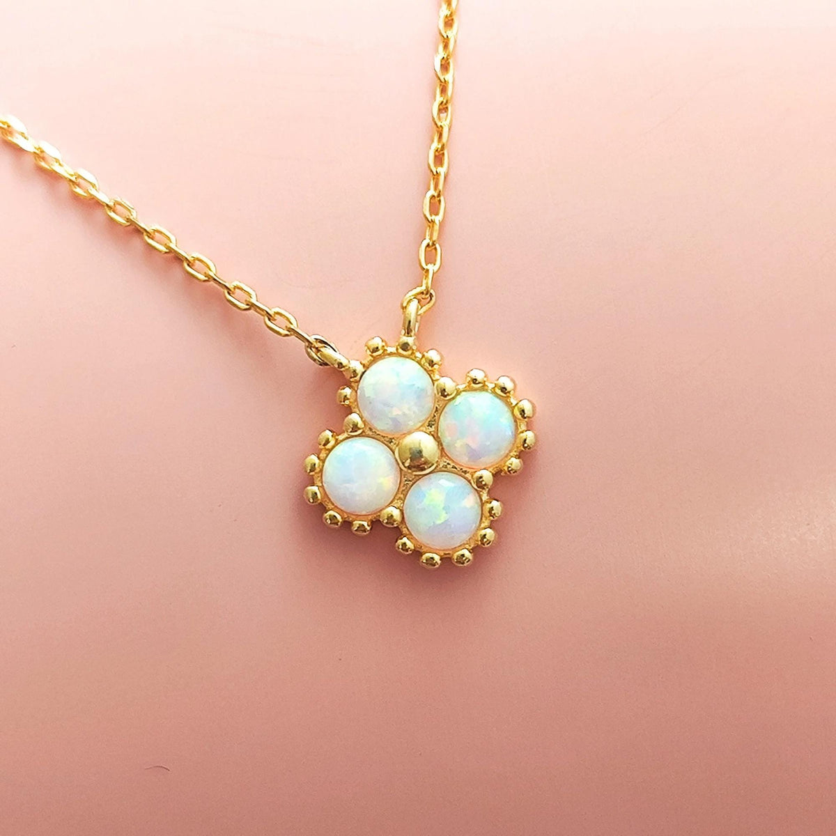 Tiny Four Leaf Clover Opal Pendant Necklace White Opal Flower Necklace Fire Opal 4 Leaf Clover Pendant Necklace Gift for Her Minimalist