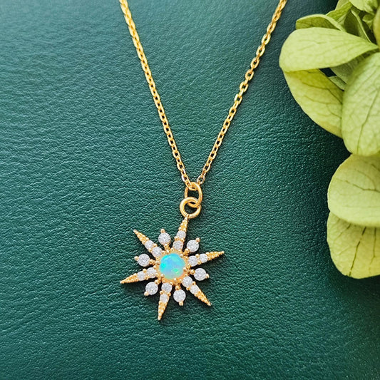 White Opal Starburst Pendant Necklace Snow Flake Opal Necklace Celestial Minimalist Necklace Crystal Star Necklace Birthstone Opal Necklace