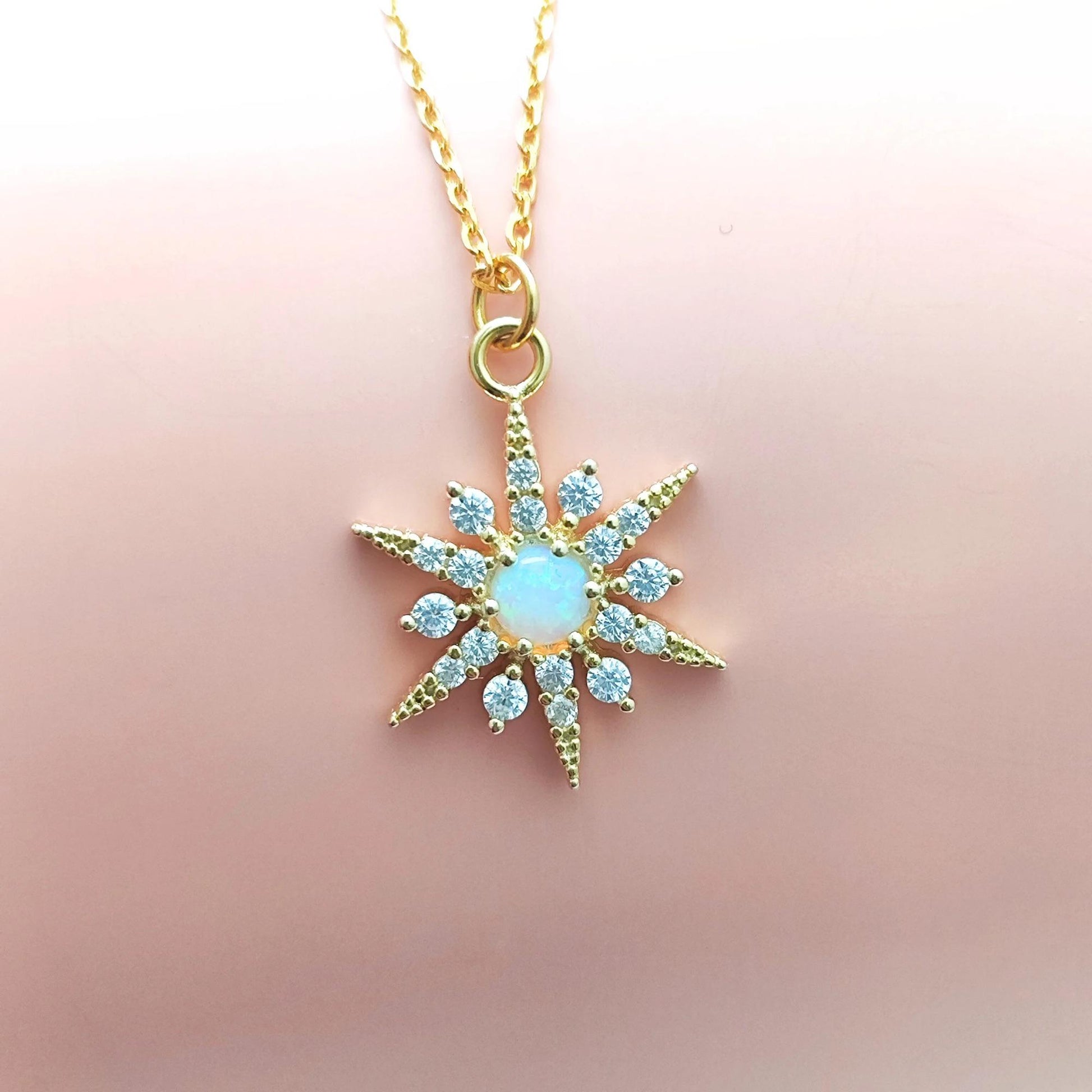 White Opal Starburst Pendant Necklace Snow Flake Opal Necklace Celestial Minimalist Necklace Crystal Star Necklace Birthstone Opal Necklace