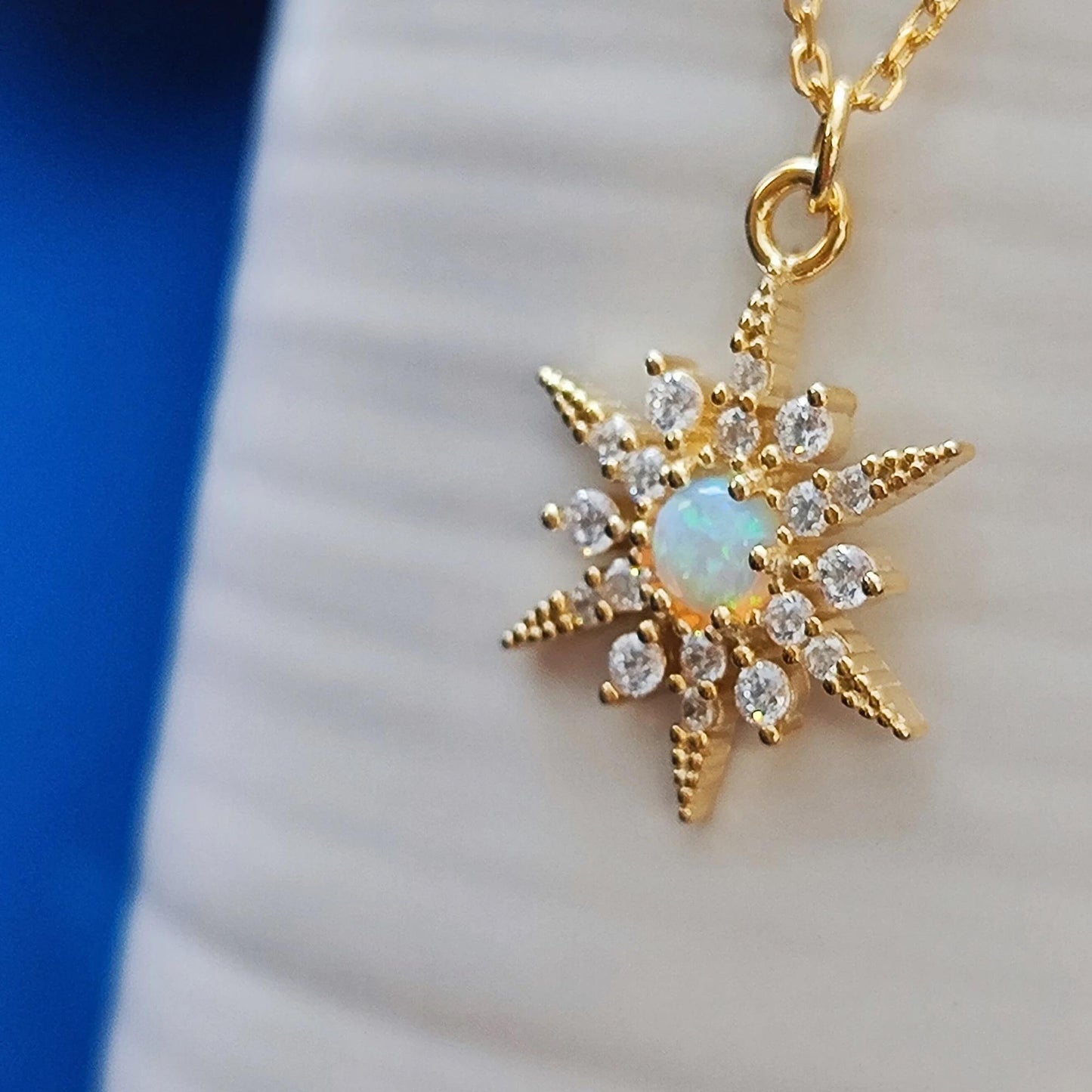 White Opal Starburst Pendant Necklace Snow Flake Opal Necklace Celestial Minimalist Necklace Crystal Star Necklace Birthstone Opal Necklace
