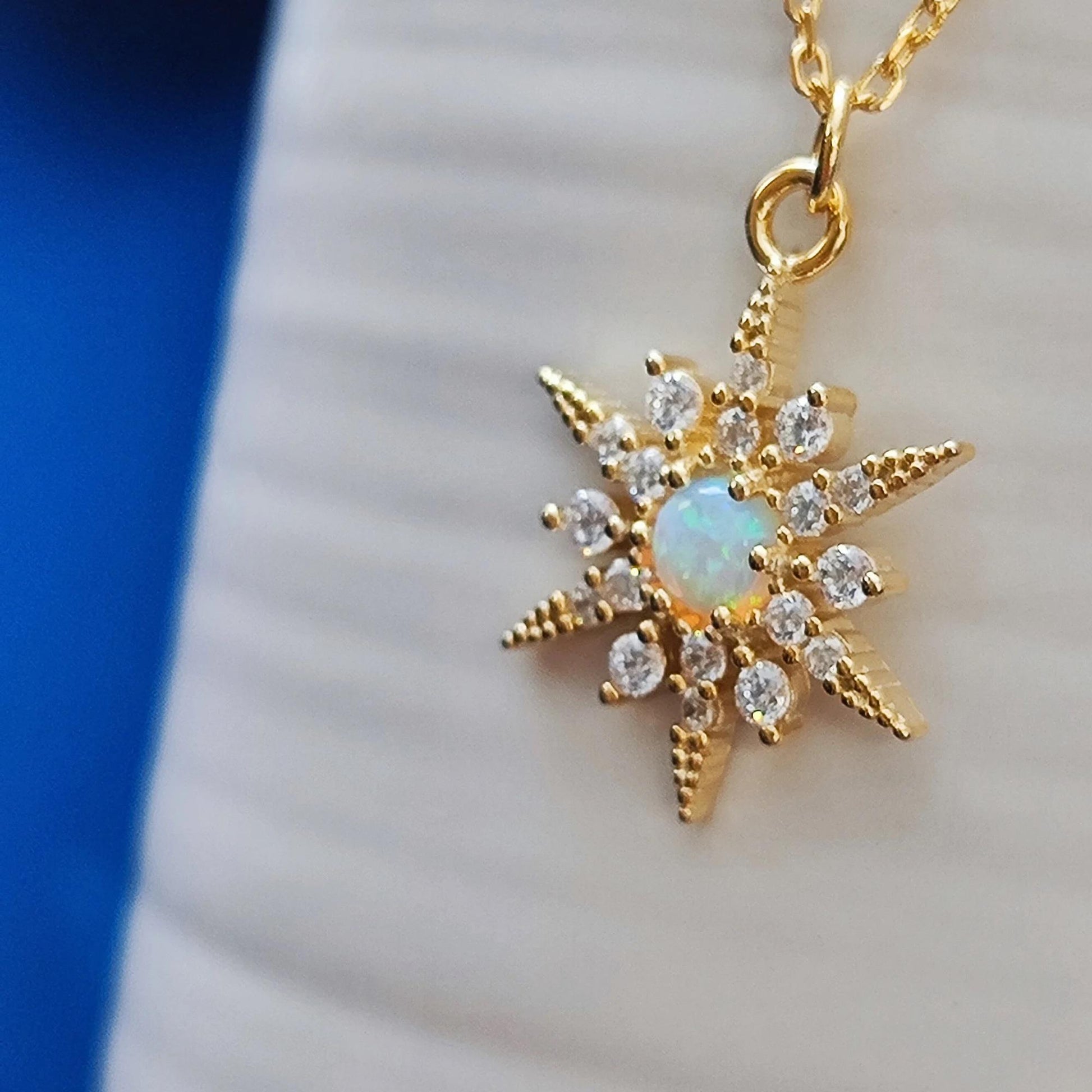 White Opal Starburst Pendant Necklace Snow Flake Opal Necklace Celestial Minimalist Necklace Crystal Star Necklace Birthstone Opal Necklace