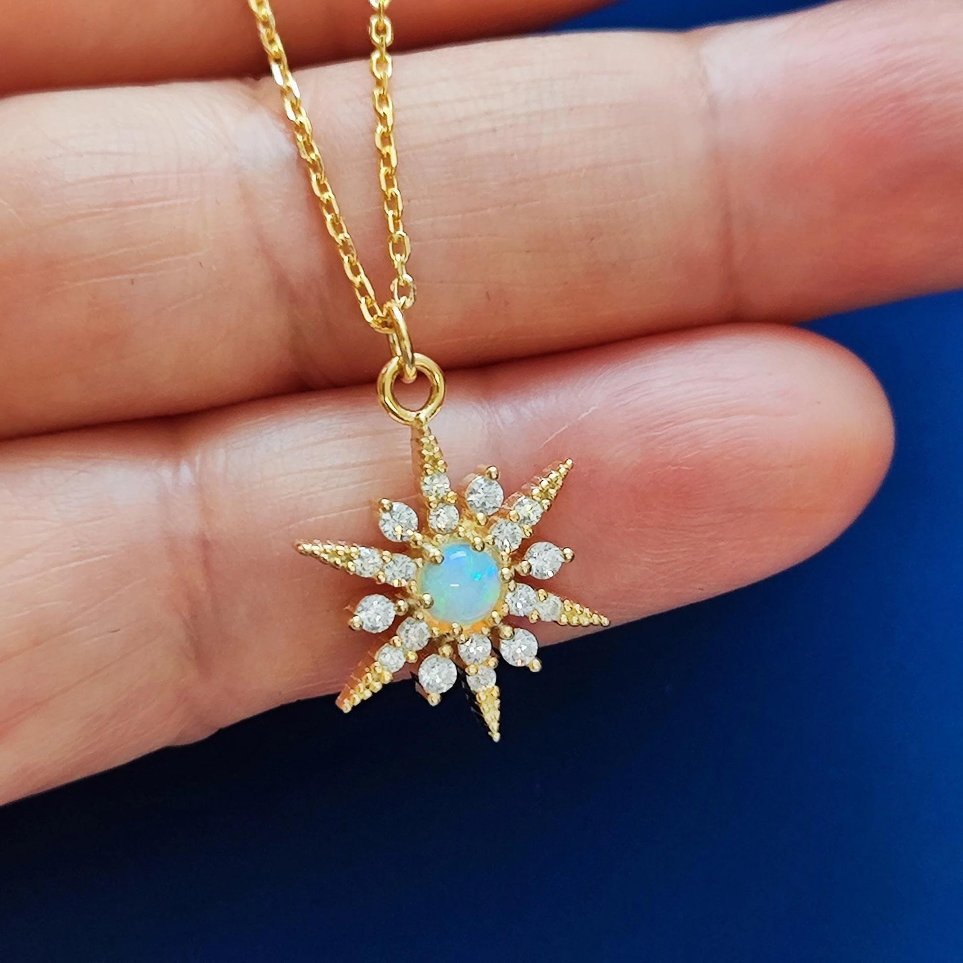 White Opal Starburst Pendant Necklace Snow Flake Opal Necklace Celestial Minimalist Necklace Crystal Star Necklace Birthstone Opal Necklace