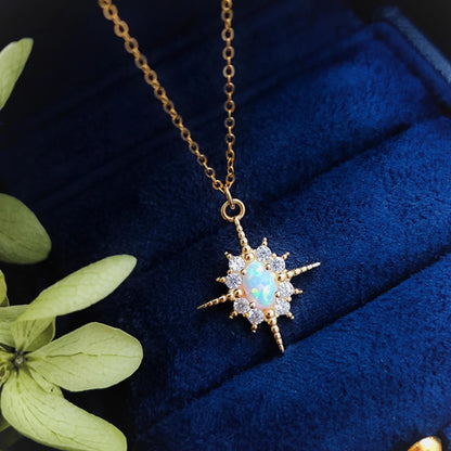 Fire Opal Starburst Sterling Silver Necklace, White Star Bling Bling Crystal Pendant Necklace Celestial Starburst Necklace Birthstone