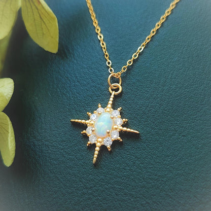 Fire Opal Starburst Sterling Silver Necklace, White Star Bling Bling Crystal Pendant Necklace Celestial Starburst Necklace Birthstone