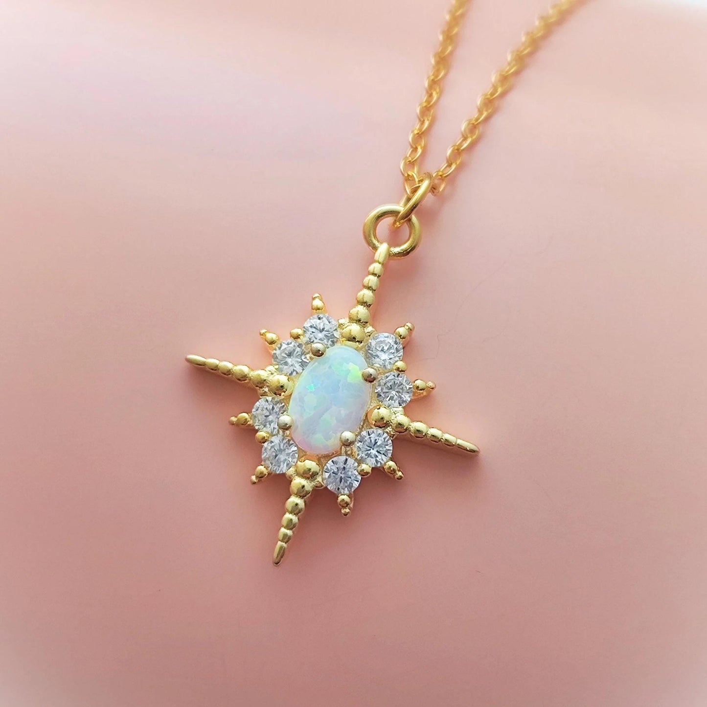 Fire Opal Starburst Sterling Silver Necklace, White Star Bling Bling Crystal Pendant Necklace Celestial Starburst Necklace Birthstone