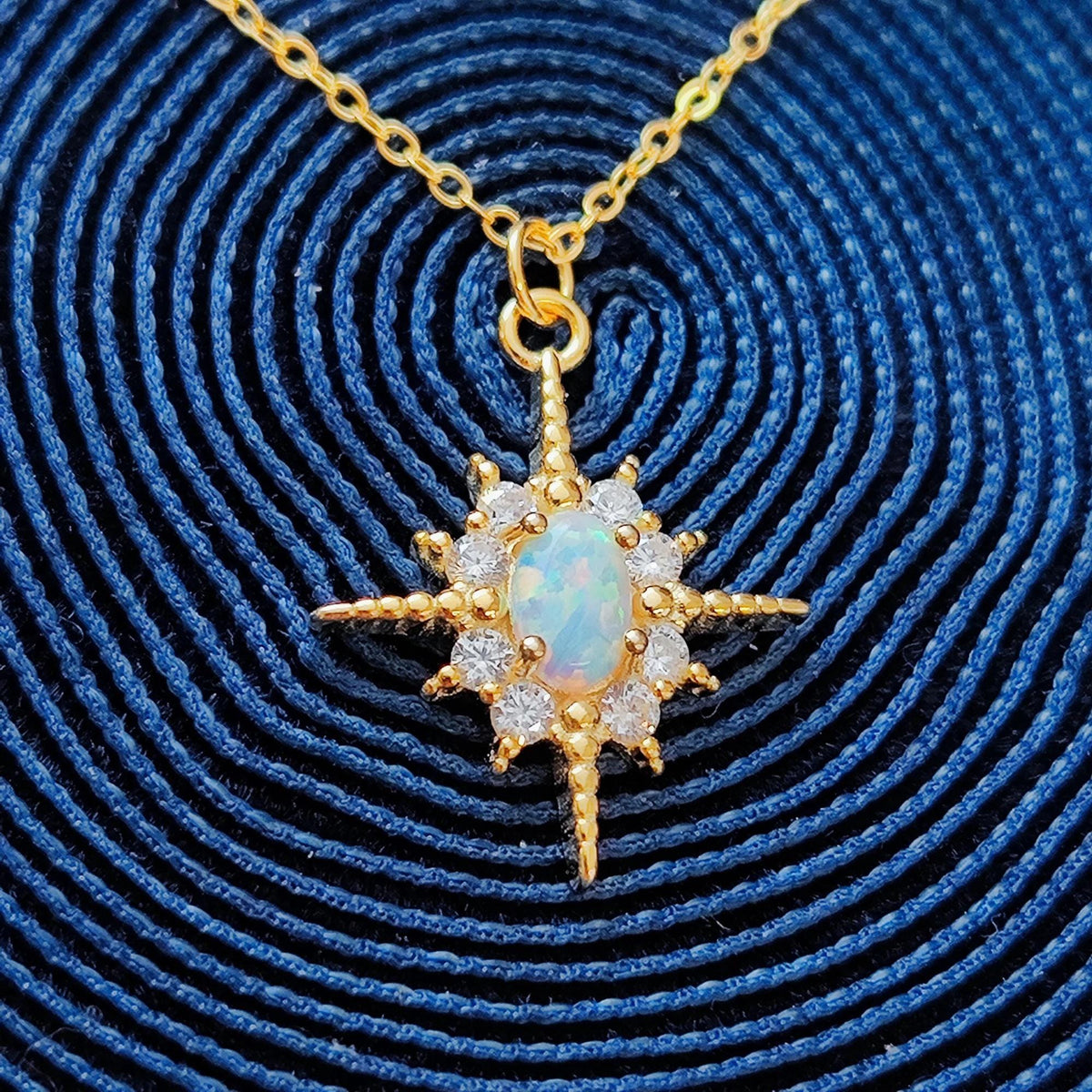 Fire Opal Starburst Sterling Silver Necklace, White Star Bling Bling Crystal Pendant Necklace Celestial Starburst Necklace Birthstone