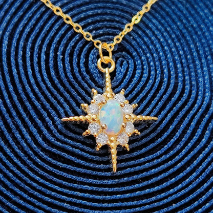 Fire Opal Starburst Sterling Silver Necklace, White Star Bling Bling Crystal Pendant Necklace Celestial Starburst Necklace Birthstone