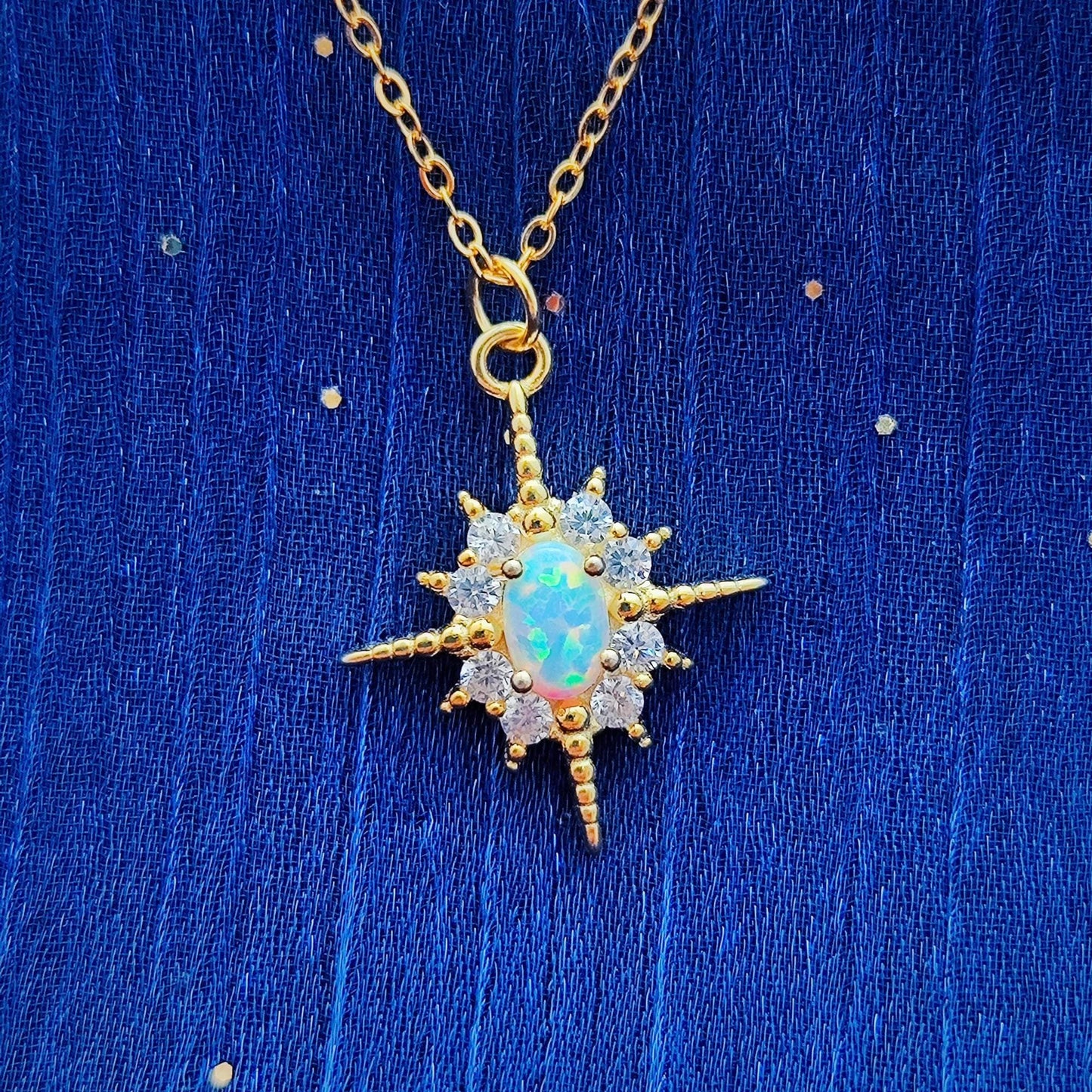 Fire Opal Starburst Sterling Silver Necklace, White Star Bling Bling Crystal Pendant Necklace Celestial Starburst Necklace Birthstone