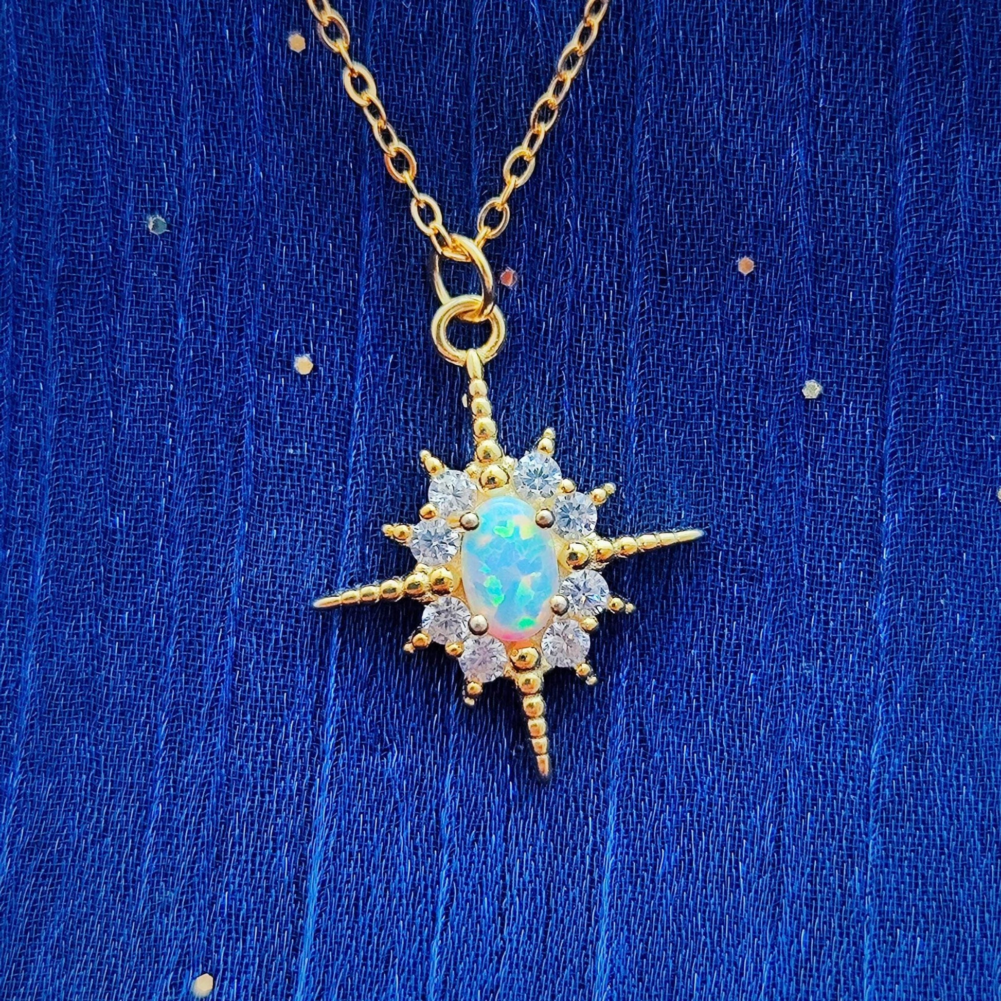 Fire Opal Starburst Sterling Silver Necklace, White Star Bling Bling Crystal Pendant Necklace Celestial Starburst Necklace Birthstone