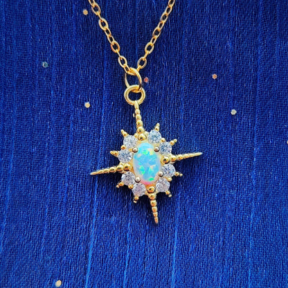 Fire Opal Starburst Sterling Silver Necklace, White Star Bling Bling Crystal Pendant Necklace Celestial Starburst Necklace Birthstone