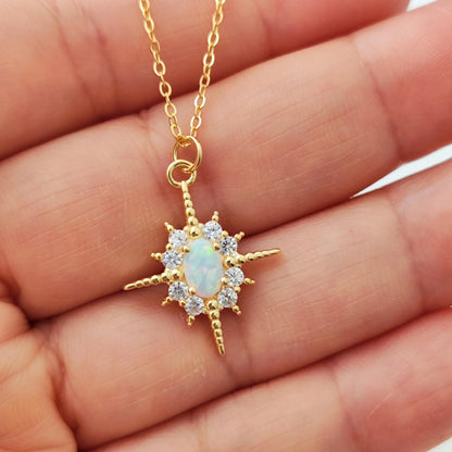 Fire Opal Starburst Sterling Silver Necklace, White Star Bling Bling Crystal Pendant Necklace Celestial Starburst Necklace Birthstone