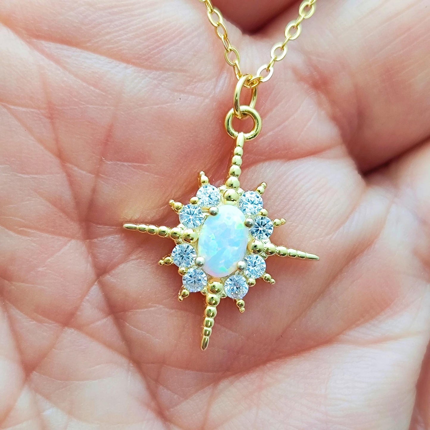 Fire Opal Starburst Sterling Silver Necklace, White Star Bling Bling Crystal Pendant Necklace Celestial Starburst Necklace Birthstone