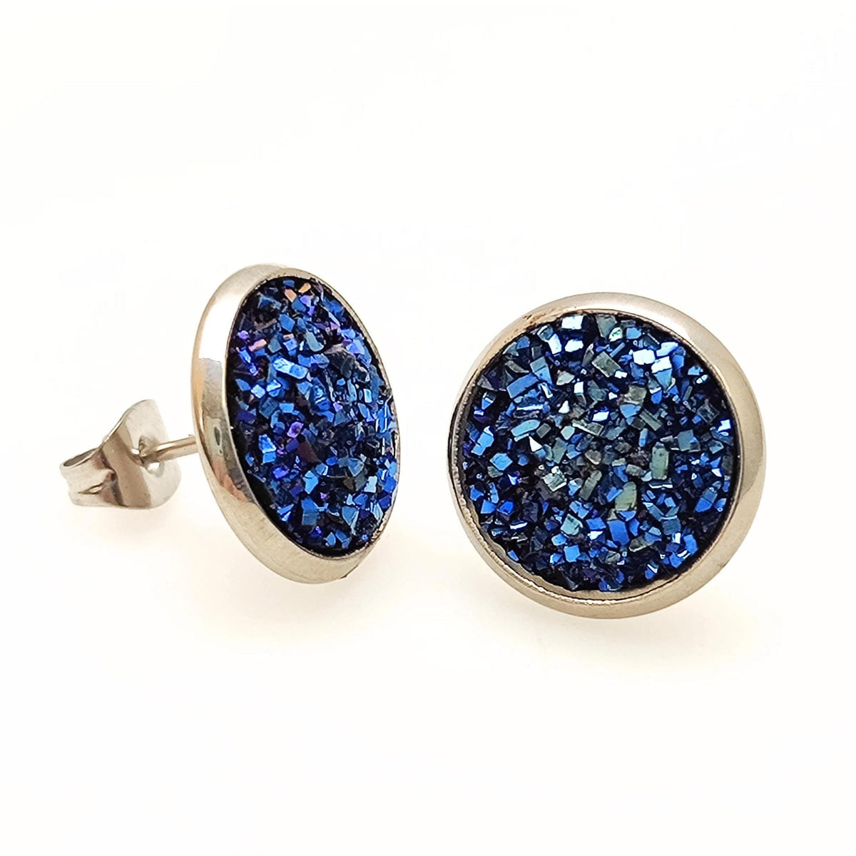 Stainless Steel Druzy Stud Earrings, Hypoallergenic, 12mm