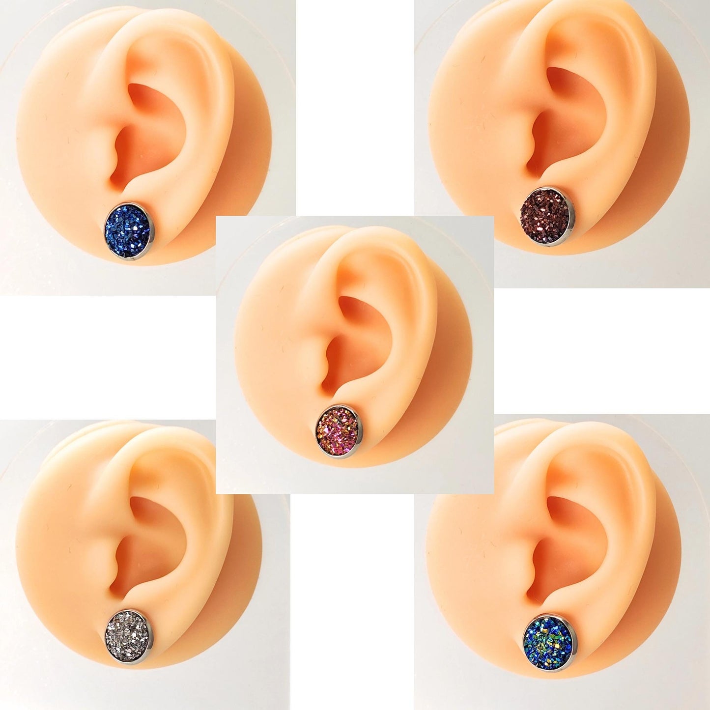 Stainless Steel Druzy Stud Earrings, Hypoallergenic, 12mm