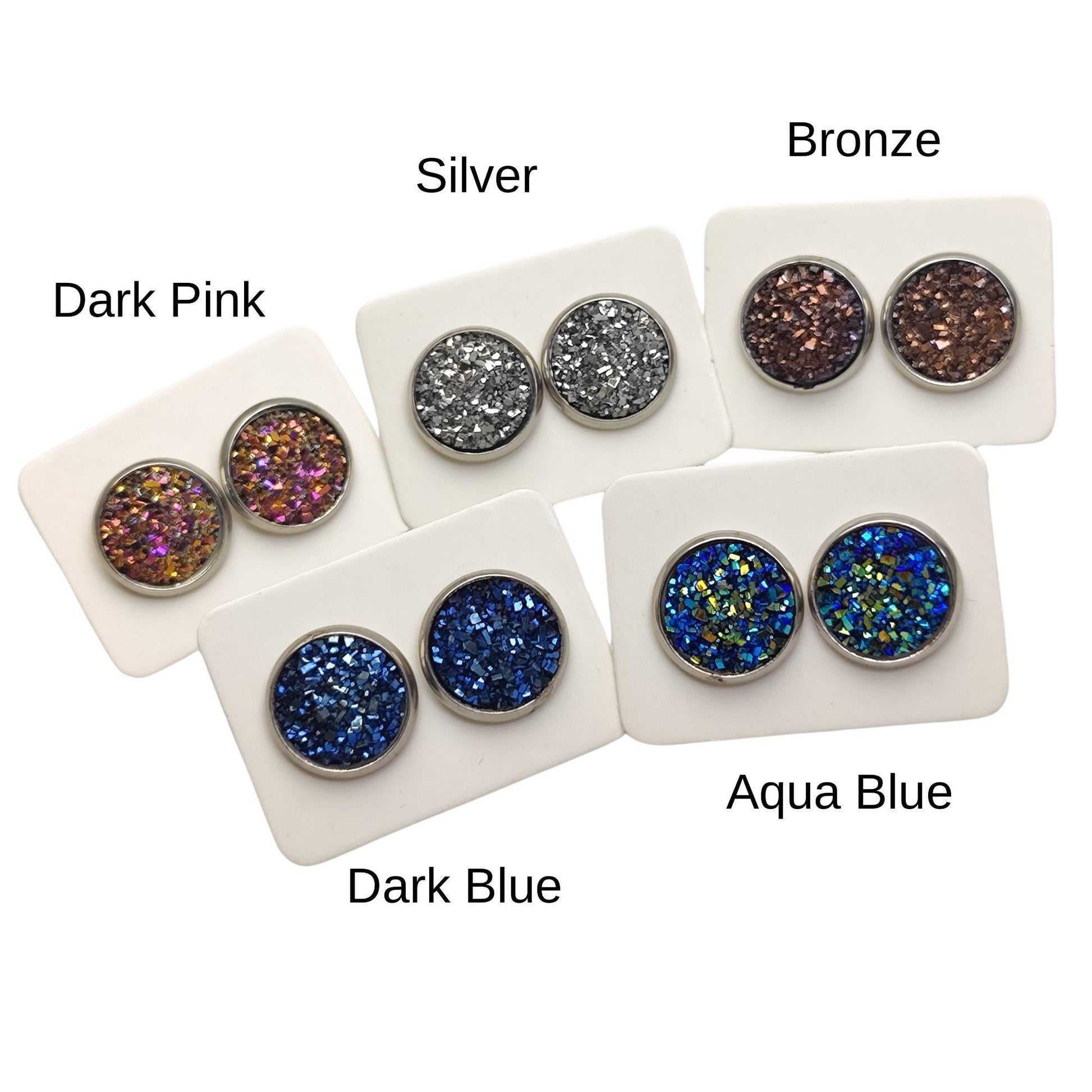 Stainless Steel Druzy Stud Earrings, Hypoallergenic, 12mm