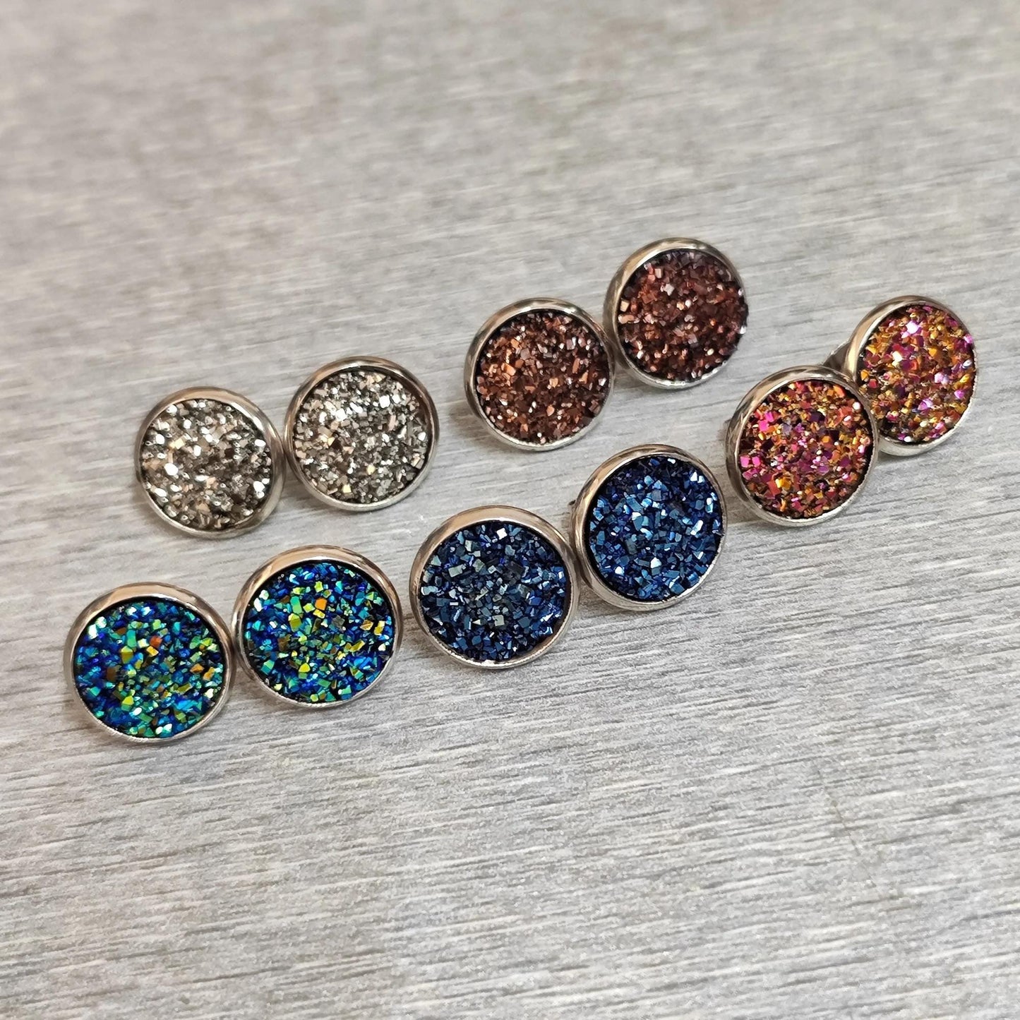 Stainless Steel Druzy Stud Earrings, Hypoallergenic, 12mm