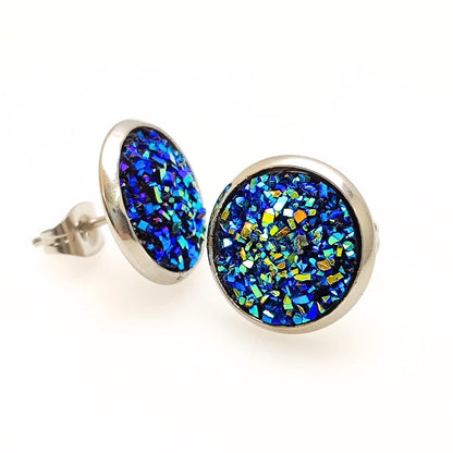 Stainless Steel Druzy Stud Earrings, Hypoallergenic, 12mm