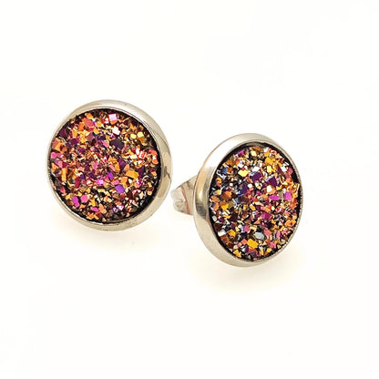 Stainless Steel Druzy Stud Earrings, Hypoallergenic, 12mm